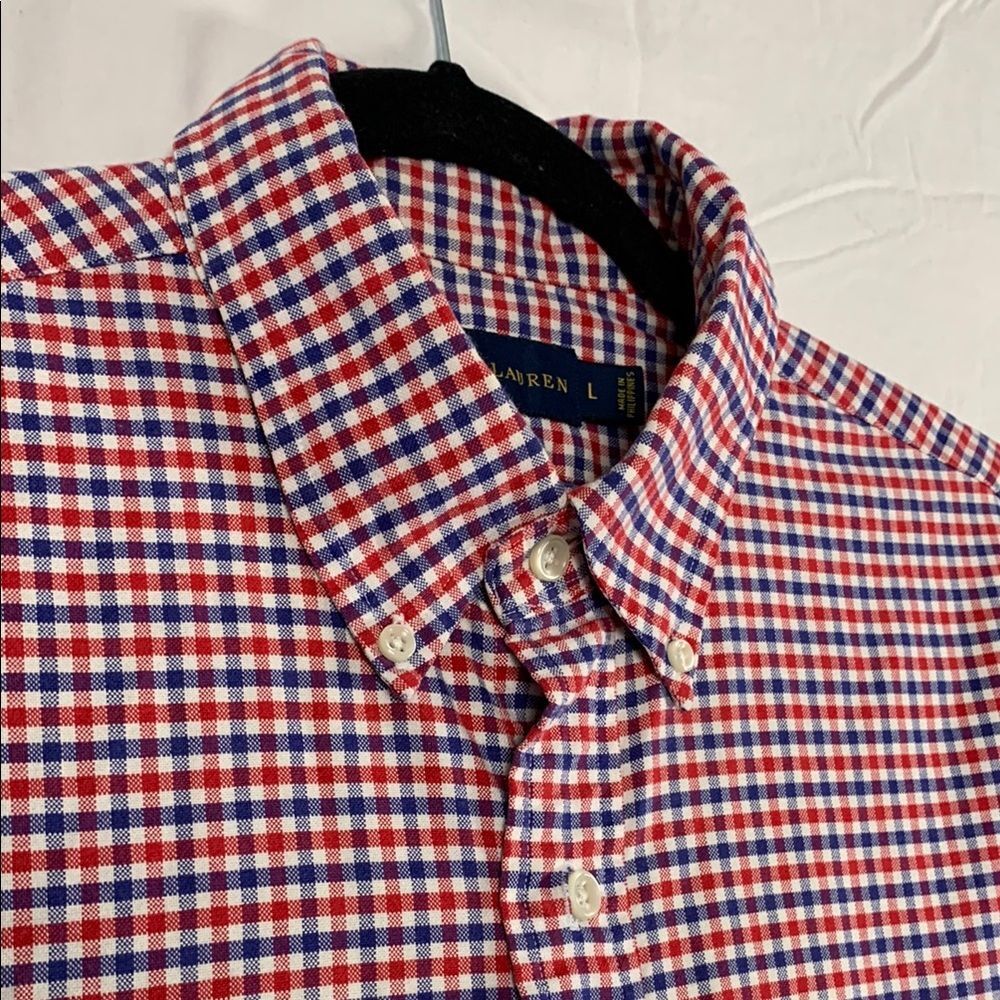 RALPH LAUREN | LARGE MEN'S GINGHAM CLASSIC LONG SLEEVE BUTTON DOWN | RED BLUE